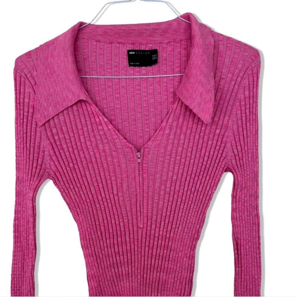 Asos Design Women's Pink Zip V-Neck Ribbed Sweater